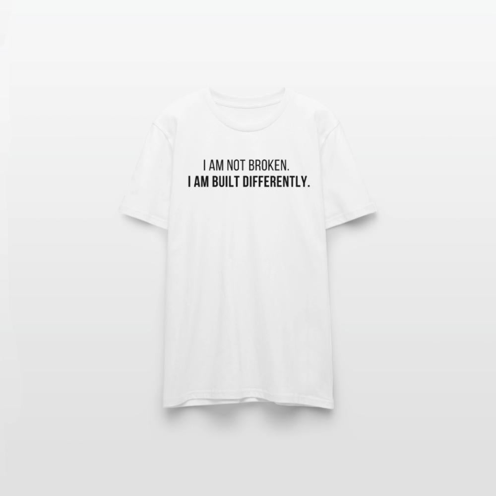 White t-shirt with black text on a white background